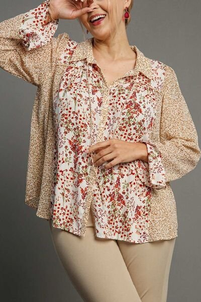 Umgee Full Size Mixed Print Metallic Detail Long Ruffle Sleeve Button Down Shirt Plus Size - Bitsy Gypsy Boutique