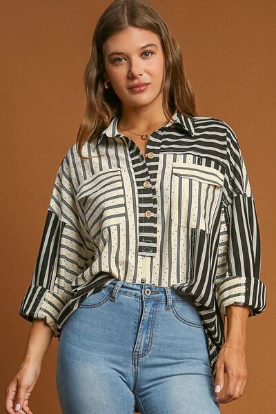 Umgee Full Size Pointelle Stripped Half Button Collared Neck Top Plus Size - Bitsy Gypsy Boutique