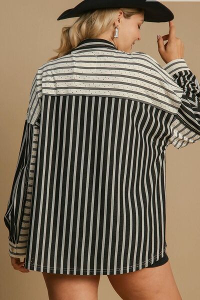 Umgee Full Size Pointelle Stripped Half Button Collared Neck Top Plus Size - Bitsy Gypsy Boutique