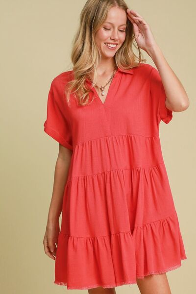 Umgee Full Size Raw Hem Folded Sleeve Tiered Dress Plus Size - Bitsy Gypsy Boutique