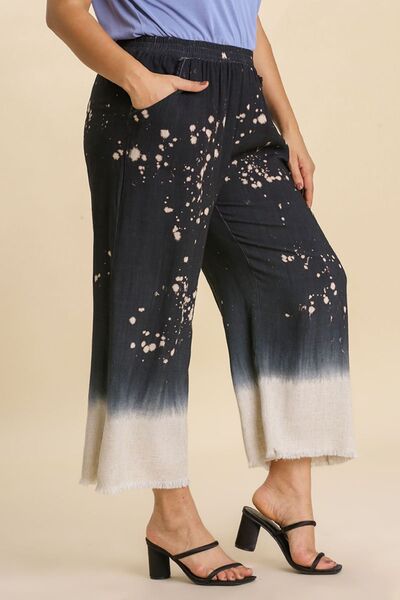 Umgee Full Size Raw Hem Linen Blend Bleach Dip Dye Wide Leg Pants Plus Size - Bitsy Gypsy Boutique