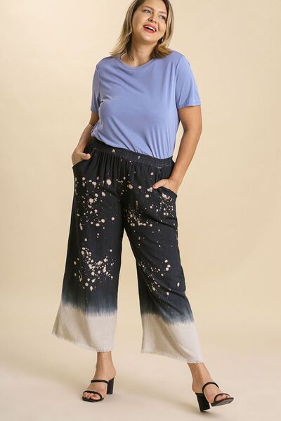 Umgee Full Size Raw Hem Linen Blend Bleach Dip Dye Wide Leg Pants Plus Size - Bitsy Gypsy Boutique