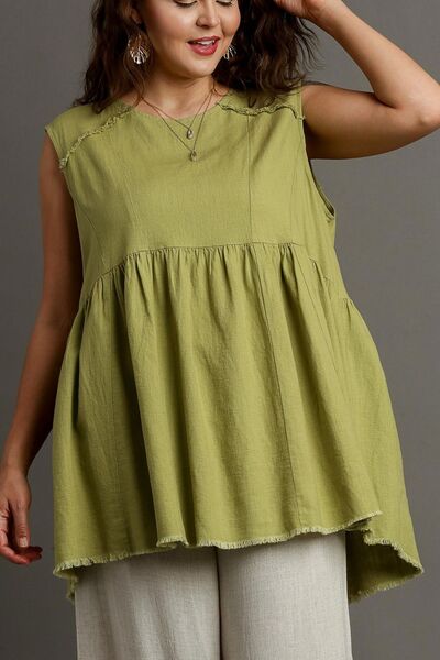 Umgee Full Size Raw Hem Linen Round Neck Sleeveless Top Plus Size - Bitsy Gypsy Boutique