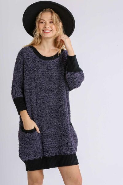 Umgee Full Size Ribbed Hem Round Neck 3/4 Sleeve Sweater Dress with Pockets Plus Size - Bitsy Gypsy Boutique