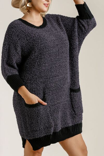 Umgee Full Size Ribbed Hem Round Neck 3/4 Sleeve Sweater Dress with Pockets Plus Size - Bitsy Gypsy Boutique