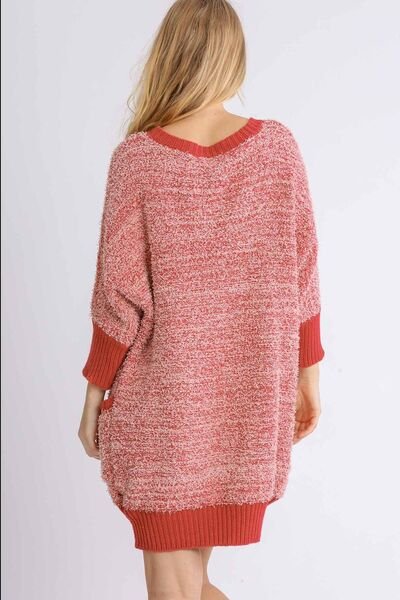 Umgee Full Size Ribbed Hem Round Neck 3/4 Sleeve Sweater Dress with Pockets Plus Size - Bitsy Gypsy Boutique