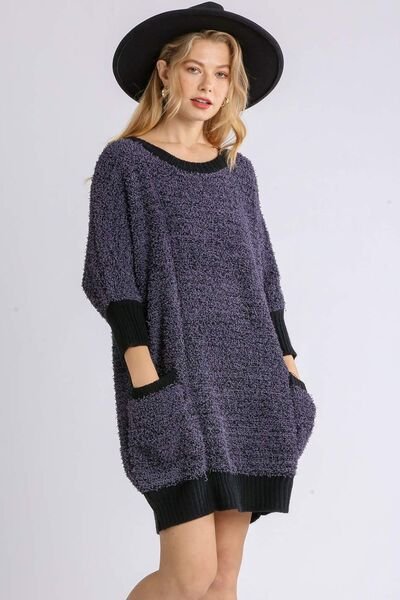 Umgee Full Size Ribbed Hem Round Neck 3/4 Sleeve Sweater Dress with Pockets Plus Size - Bitsy Gypsy Boutique