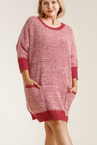 Umgee Full Size Ribbed Hem Round Neck 3/4 Sleeve Sweater Dress with Pockets Plus Size - Bitsy Gypsy Boutique