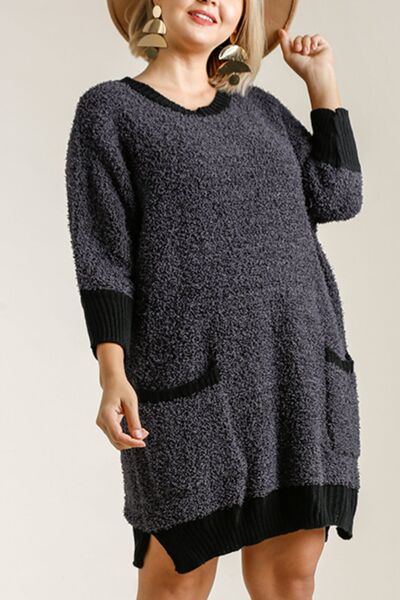 Umgee Full Size Ribbed Hem Round Neck 3/4 Sleeve Sweater Dress with Pockets Plus Size - Bitsy Gypsy Boutique