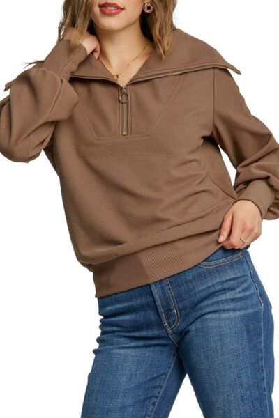 Umgee Full Size Ribbed Knit Half Zipper Sweatshirt - Bitsy Gypsy Boutique
