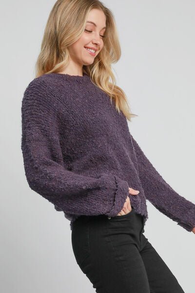 Umgee Full Size Round Neck Long Sleeve Boucle Sweater Plus Size - Bitsy Gypsy Boutique