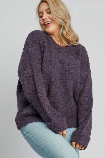 Umgee Full Size Round Neck Long Sleeve Boucle Sweater Plus Size - Bitsy Gypsy Boutique