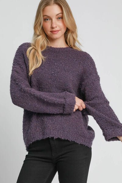 Umgee Full Size Round Neck Long Sleeve Boucle Sweater Plus Size - Bitsy Gypsy Boutique