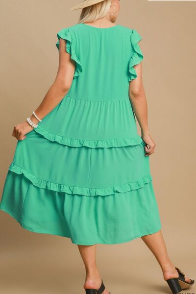 Umgee Full Size Ruffle Tiered Cap Sleeve Midi Dress Plus Size - Bitsy Gypsy Boutique