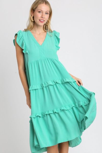 Umgee Full Size Ruffle Tiered Cap Sleeve Midi Dress Plus Size - Bitsy Gypsy Boutique