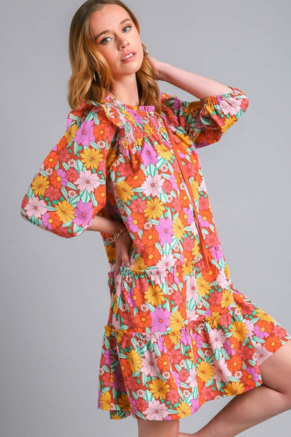 Umgee Full Size Ruffled Flower Print Tie Neck Tiered Dress - Bitsy Gypsy Boutique