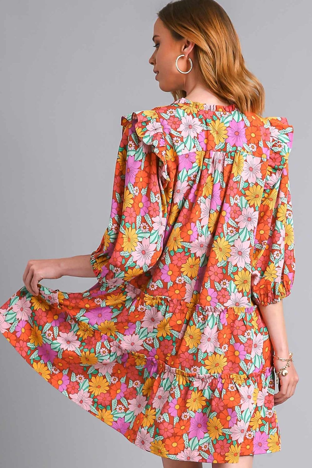 Umgee Full Size Ruffled Flower Print Tie Neck Tiered Dress - Bitsy Gypsy Boutique