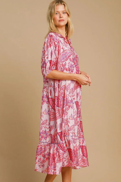 Umgee Full Size Ruffled Hem Floral Paisley Print Half Sleeve Midi Dress - Bitsy Gypsy Boutique
