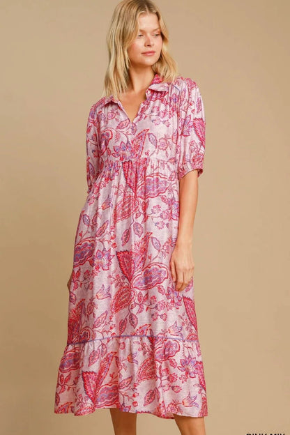 Umgee Full Size Ruffled Hem Floral Paisley Print Half Sleeve Midi Dress - Bitsy Gypsy Boutique
