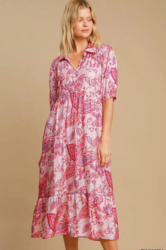 Umgee Full Size Ruffled Hem Floral Paisley Print Half Sleeve Midi Dress - Bitsy Gypsy Boutique