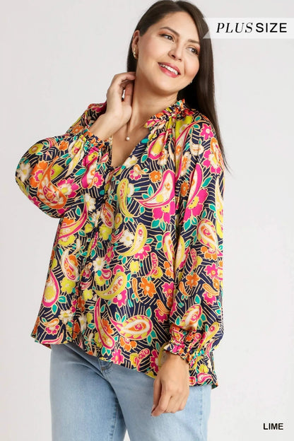 Umgee Full Size Satin Paisley Ruffle Neck Button - Up Shirt Plus Size - Bitsy Gypsy Boutique