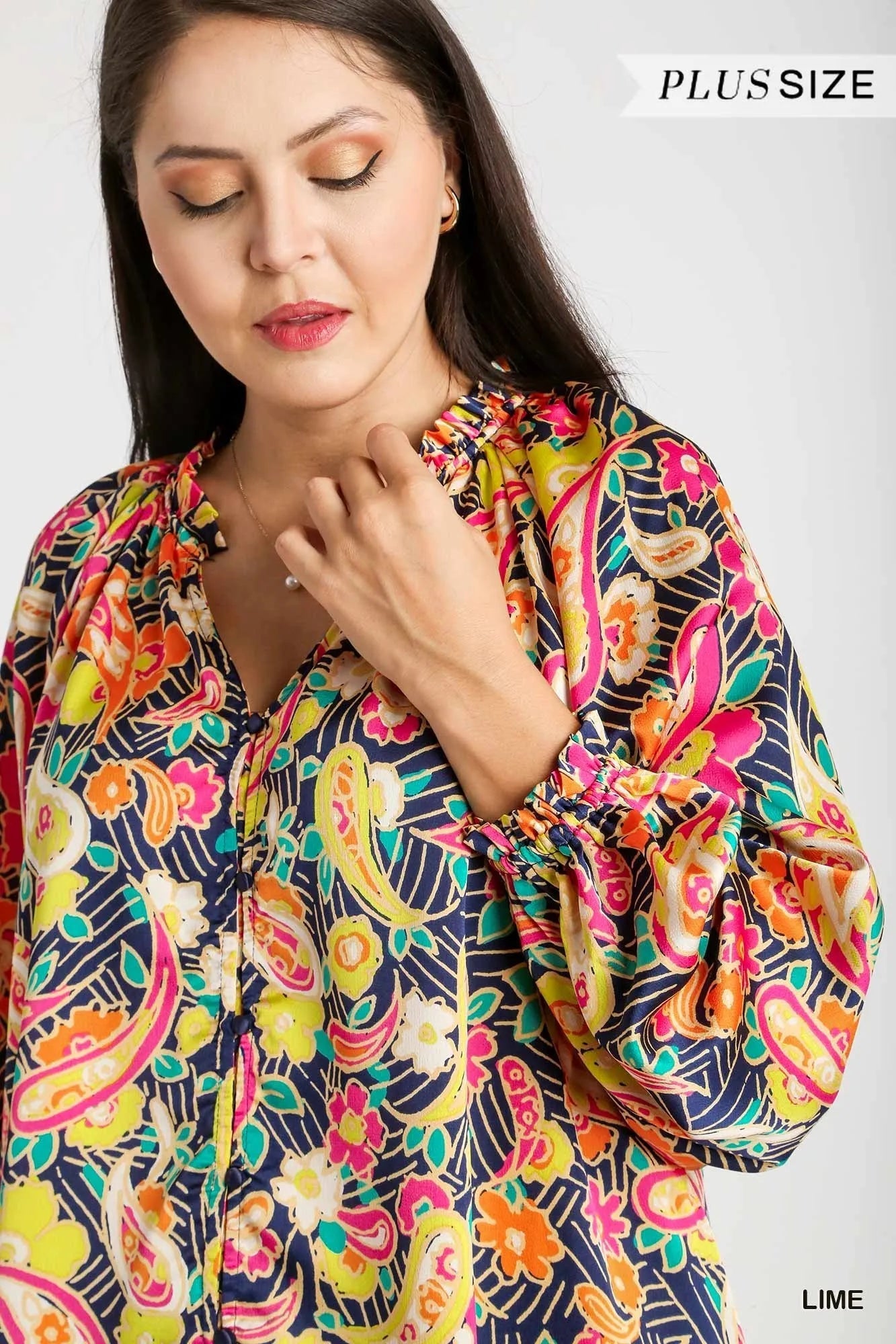 Umgee Full Size Satin Paisley Ruffle Neck Button - Up Shirt Plus Size - Bitsy Gypsy Boutique