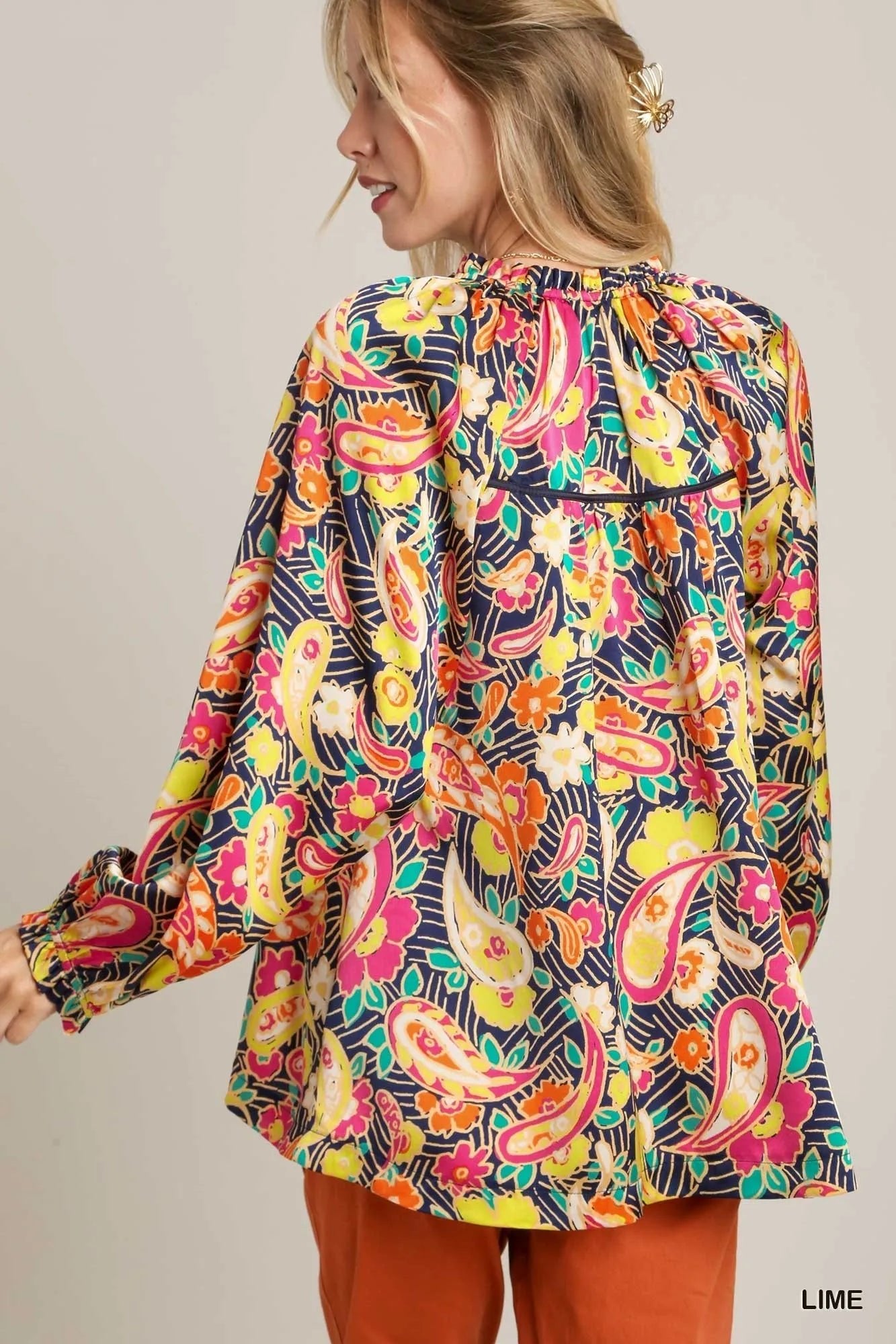 Umgee Full Size Satin Paisley Ruffle Neck Button - Up Shirt Plus Size - Bitsy Gypsy Boutique