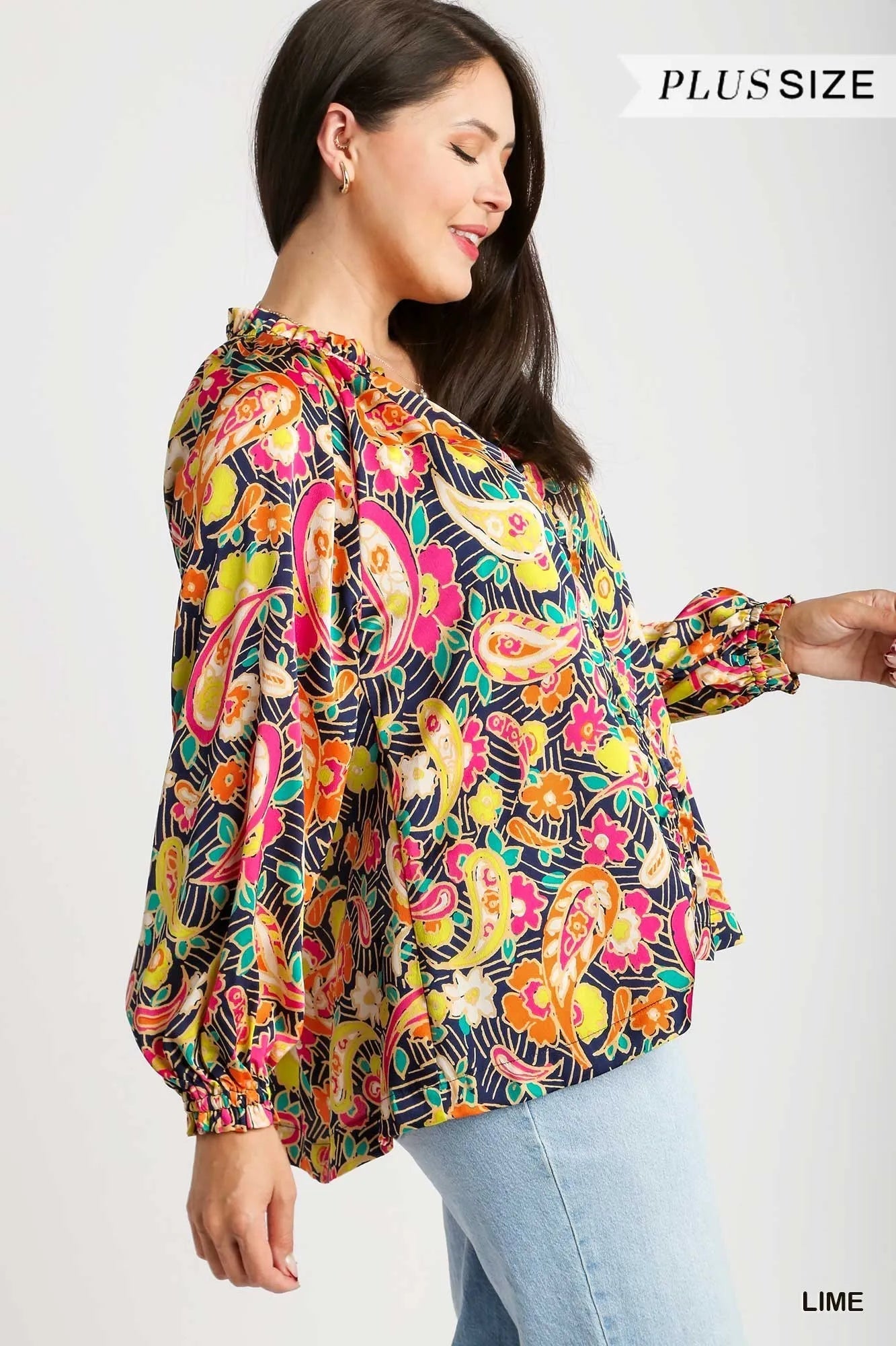 Umgee Full Size Satin Paisley Ruffle Neck Button - Up Shirt Plus Size - Bitsy Gypsy Boutique