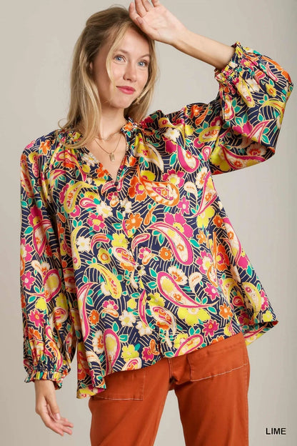 Umgee Full Size Satin Paisley Ruffle Neck Button - Up Shirt Plus Size - Bitsy Gypsy Boutique