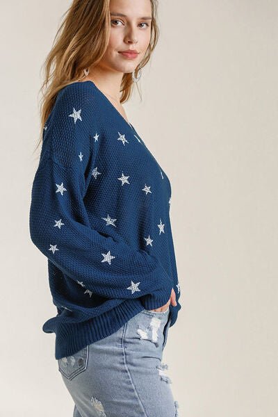 Umgee Full Size Star V - Neck Long Sleeve Sweater Plus Size - Bitsy Gypsy Boutique