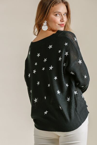 Umgee Full Size Star V - Neck Long Sleeve Sweater Plus Size - Bitsy Gypsy Boutique