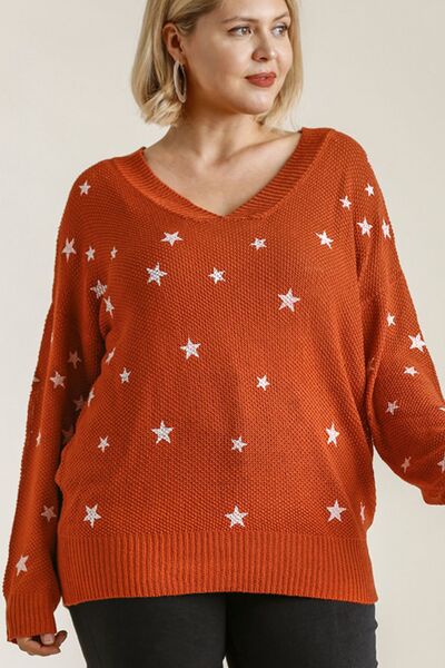 Umgee Full Size Star V - Neck Long Sleeve Sweater Plus Size - Bitsy Gypsy Boutique