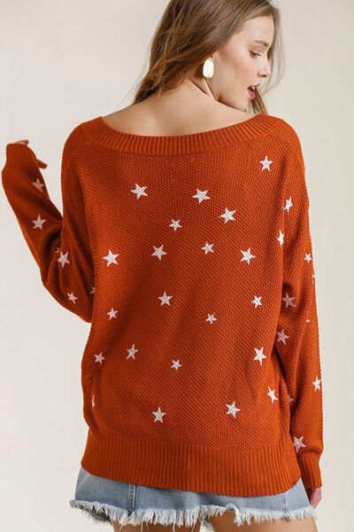 Umgee Full Size Star V - Neck Long Sleeve Sweater Plus Size - Bitsy Gypsy Boutique