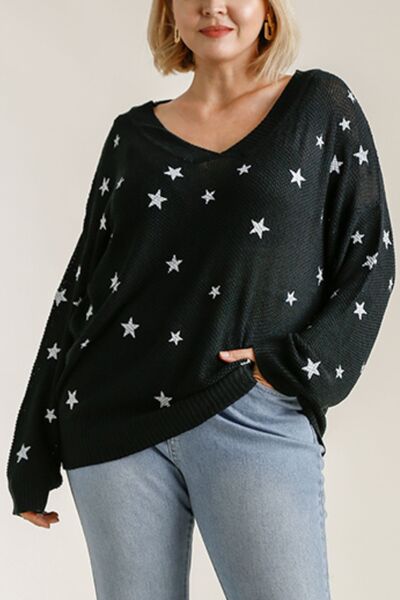 Umgee Full Size Star V - Neck Long Sleeve Sweater Plus Size - Bitsy Gypsy Boutique