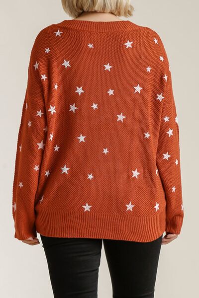 Umgee Full Size Star V - Neck Long Sleeve Sweater Plus Size - Bitsy Gypsy Boutique