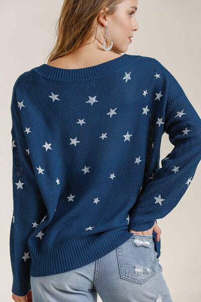 Umgee Full Size Star V - Neck Long Sleeve Sweater Plus Size - Bitsy Gypsy Boutique