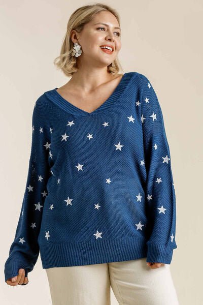 Umgee Full Size Star V - Neck Long Sleeve Sweater Plus Size - Bitsy Gypsy Boutique