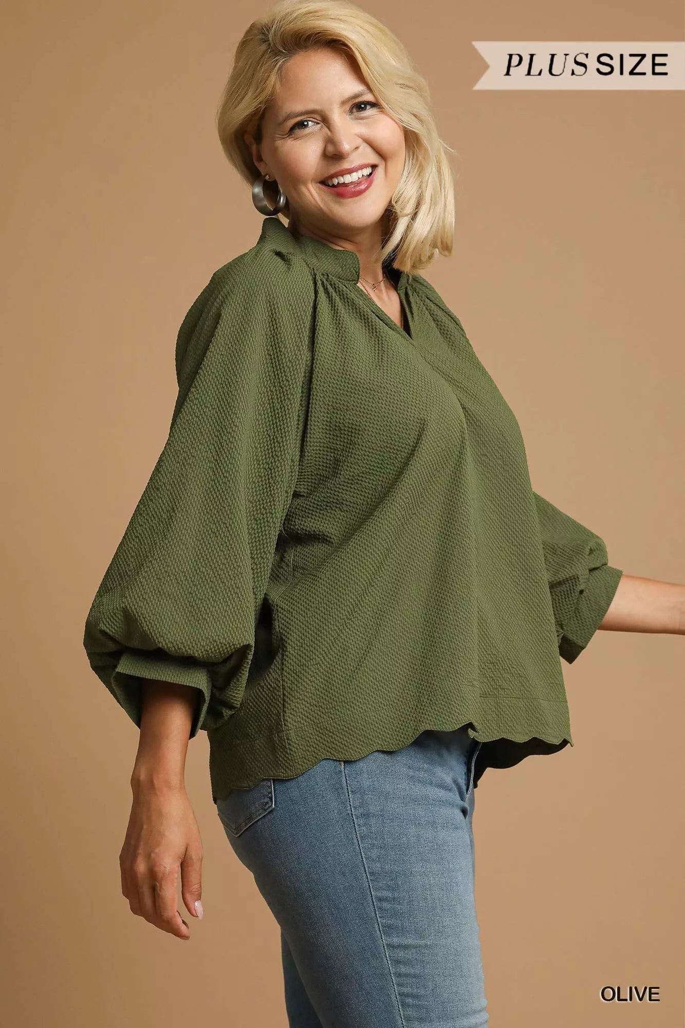 Umgee Full Size Textured Notched Balloon Sleeve Blouse Plus Size - Bitsy Gypsy Boutique