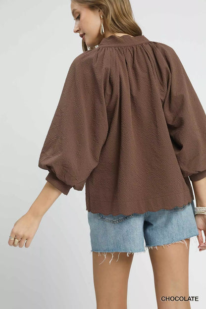 Umgee Full Size Textured Notched Balloon Sleeve Blouse Plus Size - Bitsy Gypsy Boutique