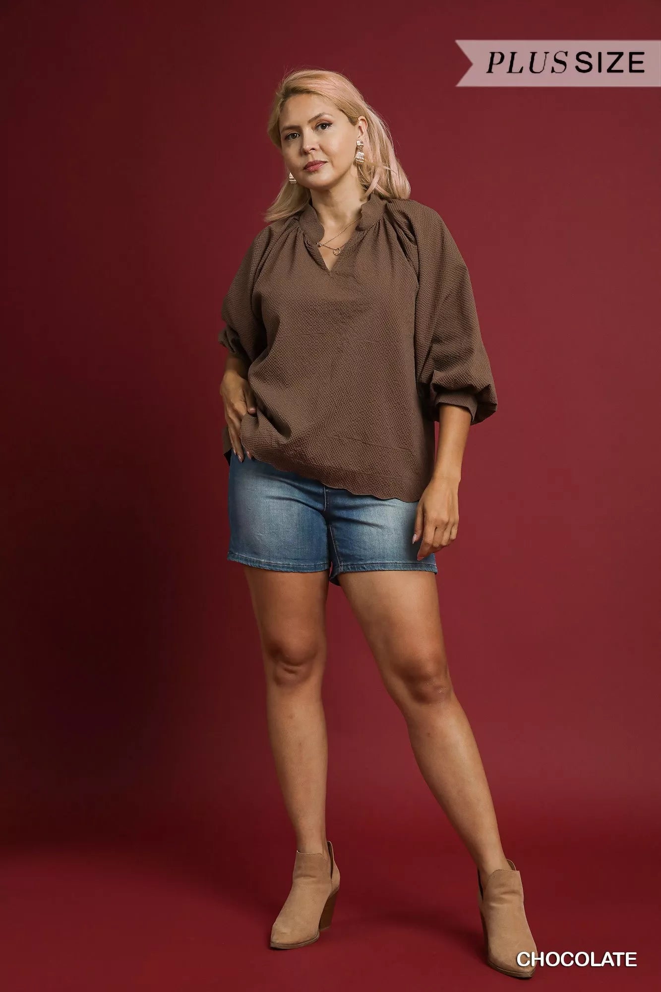 Umgee Full Size Textured Notched Balloon Sleeve Blouse Plus Size - Bitsy Gypsy Boutique