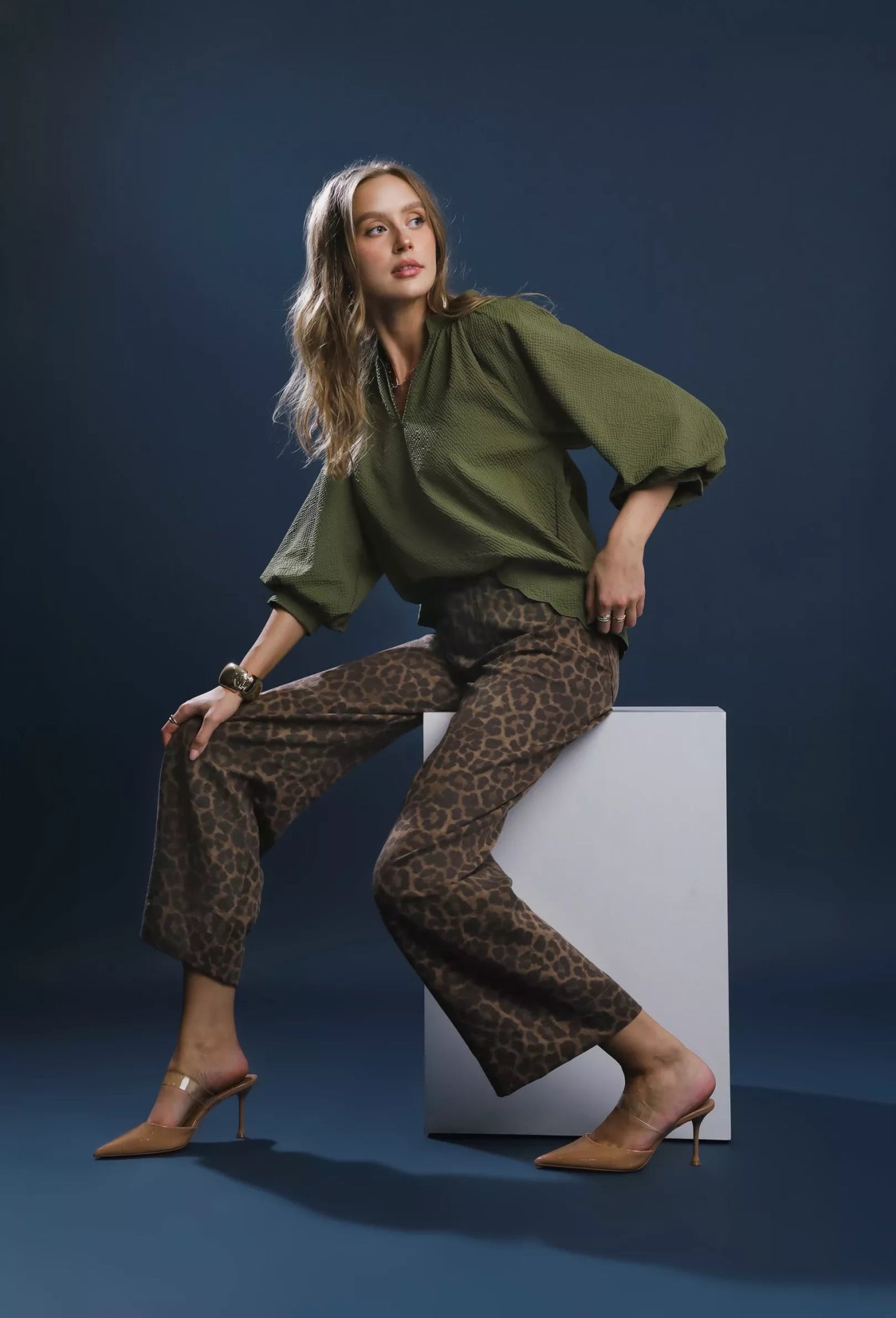 Umgee Full Size Textured Notched Balloon Sleeve Blouse Plus Size - Bitsy Gypsy Boutique