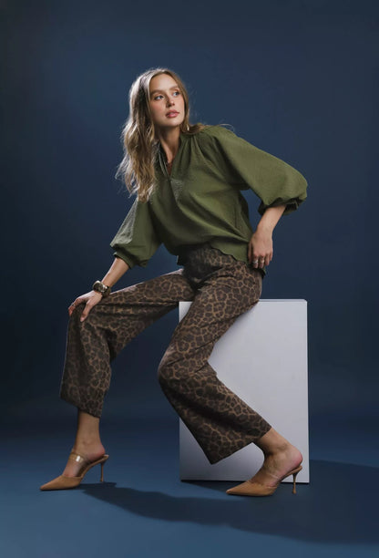 Umgee Full Size Textured Notched Balloon Sleeve Blouse Plus Size - Bitsy Gypsy Boutique