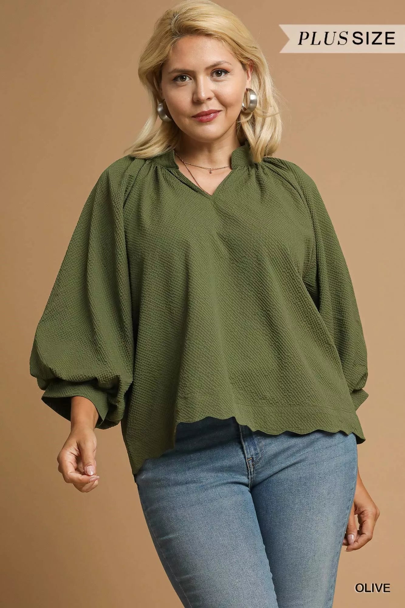 Umgee Full Size Textured Notched Balloon Sleeve Blouse Plus Size - Bitsy Gypsy Boutique