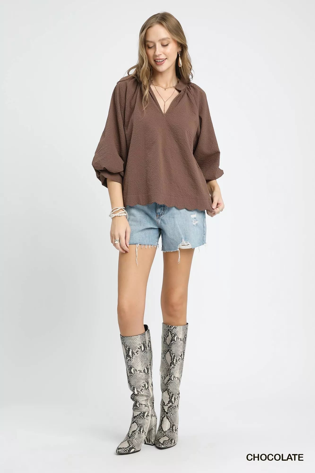 Umgee Full Size Textured Notched Balloon Sleeve Blouse Plus Size - Bitsy Gypsy Boutique