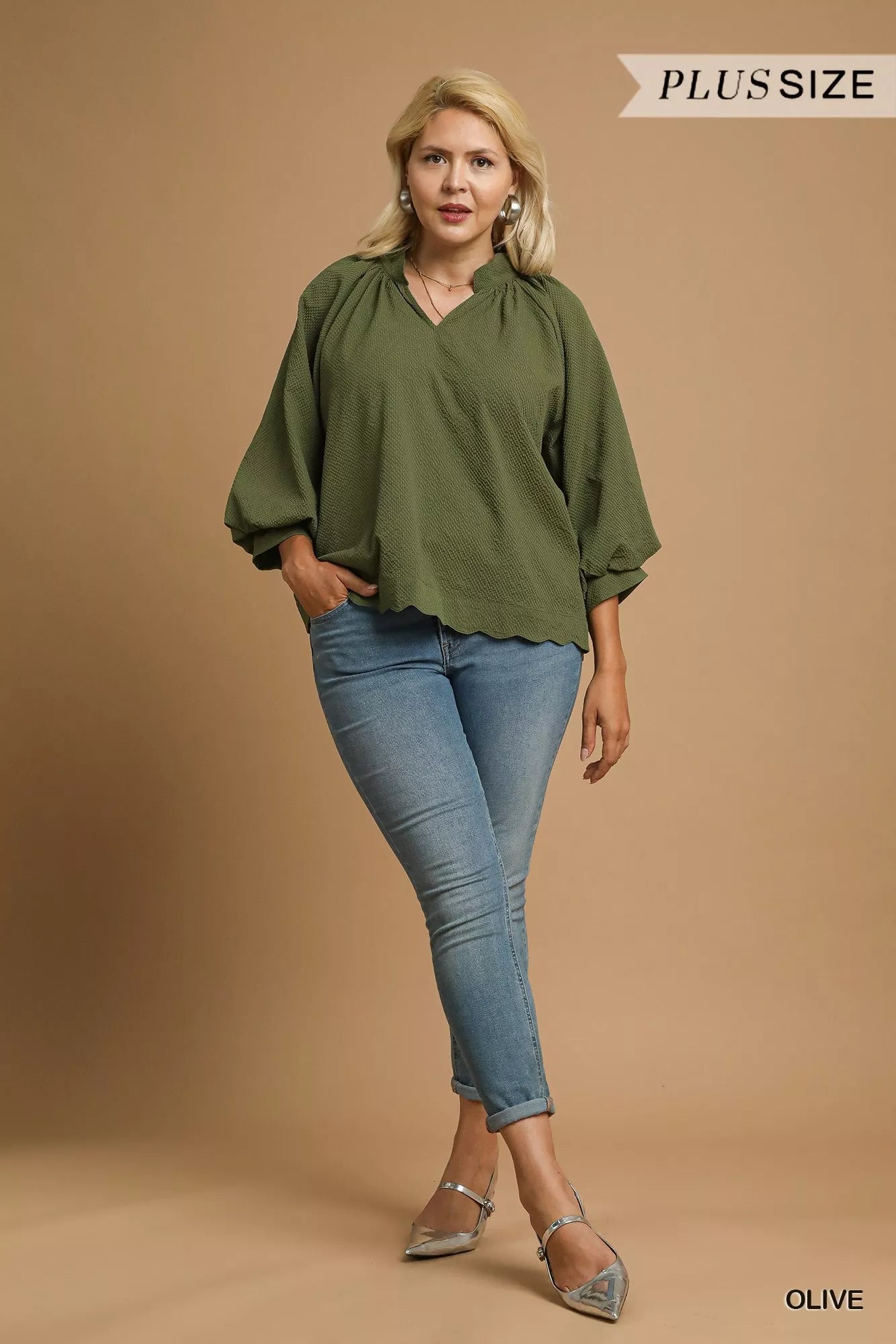 Umgee Full Size Textured Notched Balloon Sleeve Blouse Plus Size - Bitsy Gypsy Boutique