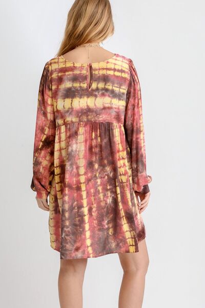 Umgee Full Size Tie Dye Long Sleeve Babydoll Dress with Keyhole Plus Size - Bitsy Gypsy Boutique