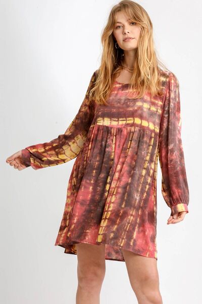 Umgee Full Size Tie Dye Long Sleeve Babydoll Dress with Keyhole Plus Size - Bitsy Gypsy Boutique