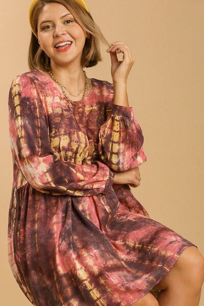 Umgee Full Size Tie Dye Long Sleeve Babydoll Dress with Keyhole Plus Size - Bitsy Gypsy Boutique
