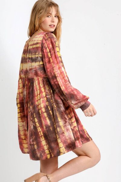 Umgee Full Size Tie Dye Long Sleeve Babydoll Dress with Keyhole Plus Size - Bitsy Gypsy Boutique