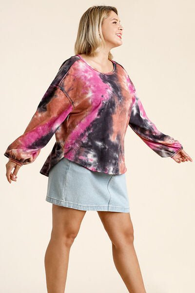 Umgee Full Size Tie Dye Round Neck Long Balloon Sleeve Top Plus Size - Bitsy Gypsy Boutique